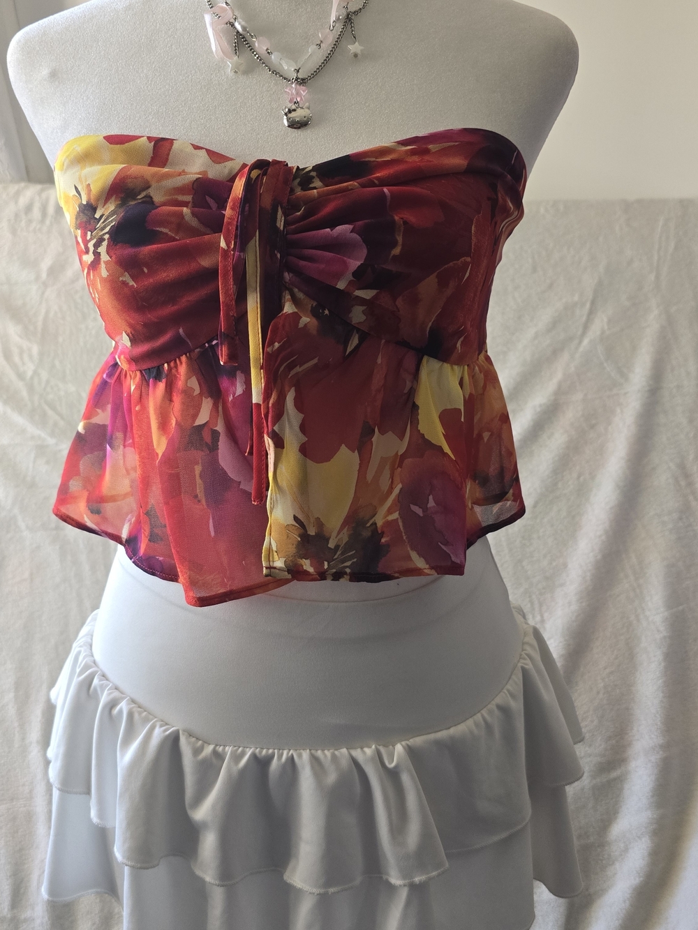 Y2K Floral Smocked Tube Top Red Pink Tie Front Ruffle Peplum S